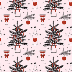 Festive pattern with trees, decorations, and drinks for holiday celebrations