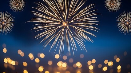 Vibrant golden fireworks burst against a deep blue night sky with a bokeh of warm lights below