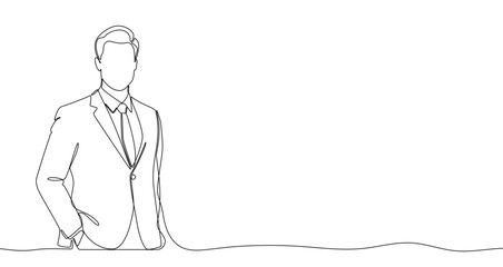Continuous one line drawing of a business man in a suit with his hand in his pocket. Editable black stroke on a white background. Vector illustration.