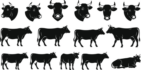 bull head silhouette, cow icon set, cattle vector design, farm animal graphic, livestock illustration, black cow shapes, horns