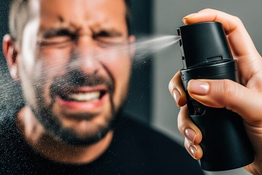 Woman sprays pepper spray directly into furious man's face for self-defense on street action