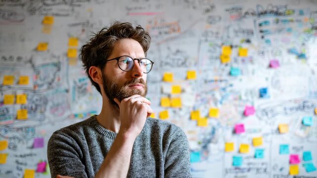 Creative Professional Thinking in Front of Brainstorming Wall with Sticky Notes