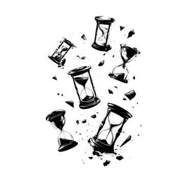 Shattered hourglass icons for time concept, broken clock symbols on transparent background