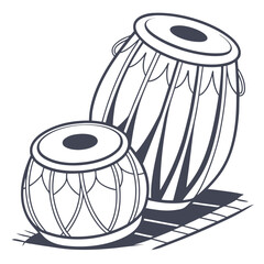 A minimalist line art illustration of two traditional indian tabla drums one smaller and one larger placed on a simple mat representing cultural music and rhythm