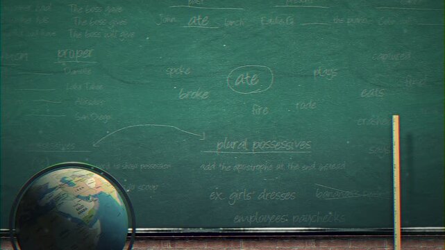 classroom setting scene, educational environment with globes and charts