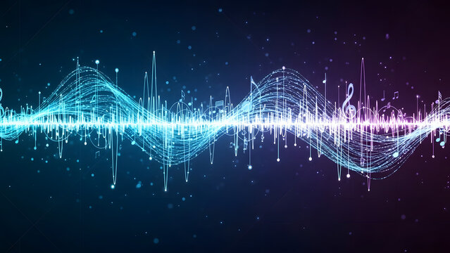 Harmonic Resonance: A vibrant sound wave visualisation with musical notation elements floating amidst particles,