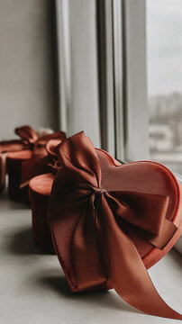 A delicate Valentine gift scene shows a chic red heart boxes. Natural lighting enhances the romantic mood