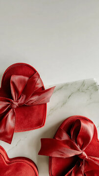 Elegant Valentine composition with a red heart-shaped presents on a minimal backdrop. Refined textures and soft colors create a charming atmosphere of love and devotion