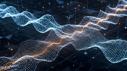 Intricate network visualization showcasing interconnected data points forming undulating waves and geometric patterns