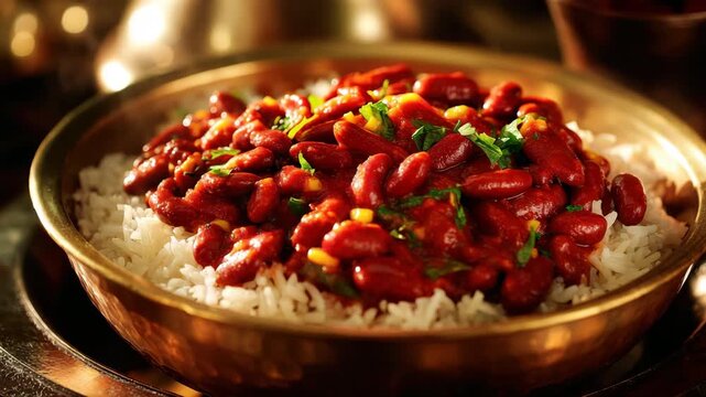 Rajma Chawal in Glistening Golden Bowl on Ornate Metal Tray with Bright Studio Lighting and Culinary Presentation of Indian Cuisine and Garnished with Fresh Herbs