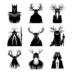 Set of mystical and mythological creatures with animal features, black silhouettes on transparent background