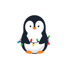 Obraz premium Flat illustration of a cute penguin wearing Christmas ornaments, perfect for winter holiday celebrations and festive decorations