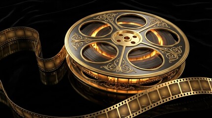 A vintage film reel with a golden finish, lying on a dark surface, showcasing an elegant design and film strip.
