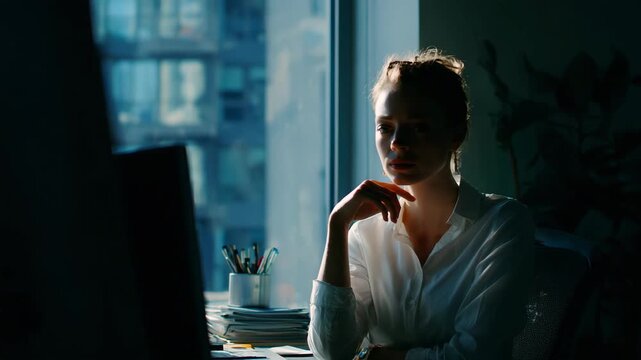 Thoughtful Businesswoman Looking Out Office Window in Evening Light