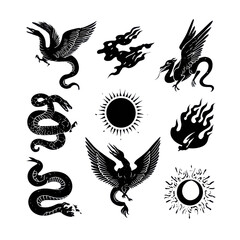 Vintage dragon, snake, sun, and flame icons set, black and white illustrations on transparent background