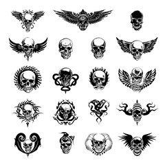 Tattoo skull designs with wings, snakes, and flames for body art and apparel, black and white vector icons on transparent background