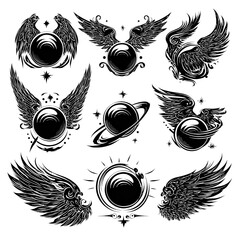 Tattoo style winged planet and moon vector icons set on transparent background