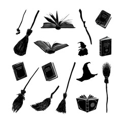 witchcraft and wizardry icons, magic broomsticks and spellbooks on transparent background