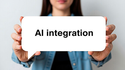 Woman holding a speech bubble with AI integration text for the concept of technology.
