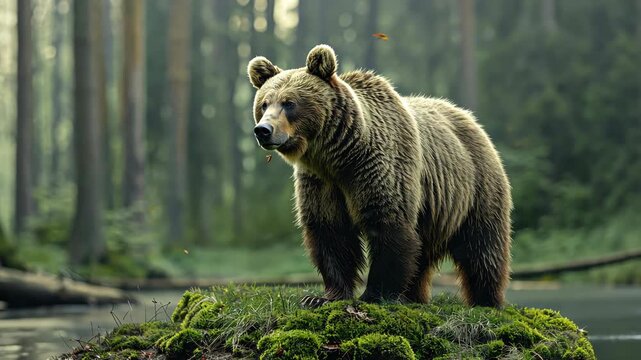 Brown bear explores a moss-covered rock, surrounded by trees and buzzing insects in a tranquil forest during daylight hours