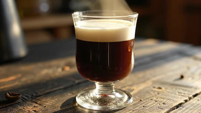 Perfect Irish Coffee with Cream on Rustic Wooden Table Steam Rising