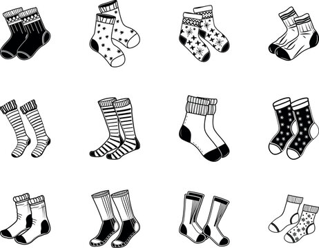 Winter Socks Icon Bundle &ndash; Minimal Silhouette Vector Set, Cozy & Holiday Footwear Icons