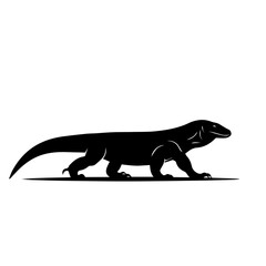 A powerful black silhouette of a Komodo dragon, the world's largest lizard, walking in profile on a white background.