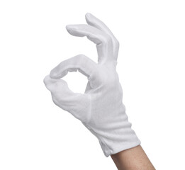 Woman in cloth glove showing okay gesture on white background, closeup
