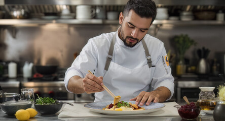 Chef refining colorful gourmet plate with precise garnishing. Elegant fine dining dish styled with careful culinary detail. Professional chef shaping vibrant flavor presentation