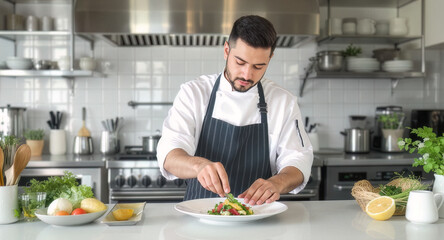 Chef in apron plating crisp dish in sleek modern kitchen. Fresh gourmet meal styled with clean culinary precision. Minimalist kitchen setting for elegant chef presentation