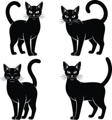 Four Black Cat Silhouettes, Different Poses and Expressions, Halloween, Mascot, Witchcraft, Domestic Pet, Vector Illustration Set, Isolated.