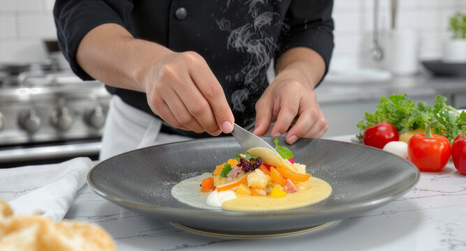 Chef styling steaming gourmet entrée with precision. Fresh hot dish plated with vibrant color accents. Culinary expert crafting elegant warm presentation