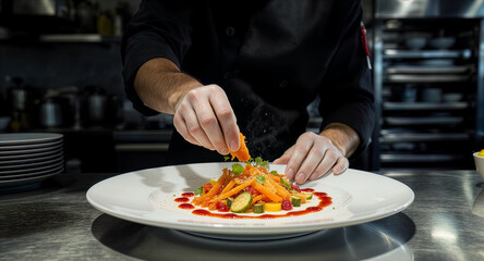 Chef perfecting vibrant gourmet carrot entrée. Fine-dining plate crafted with colorful precision. Culinary artist styling elegant vegetable creation. Modern gourmet dish presented with refined detail