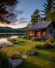 Obraz premium Idyllic Log Cabin Overlooking Still Lake at Sunset with Vibrant Floral Garden on Lush Green Lawn and Forested Hillside Under Cloudy Skies