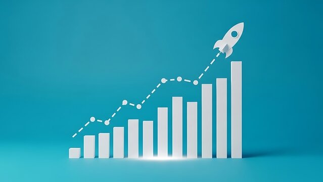 Rocket launching upward on a growing bar chart