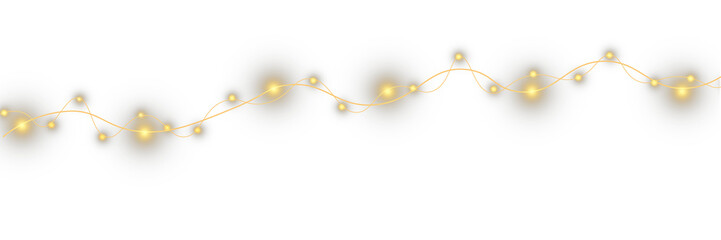 Garland glowing with fairy lights and ribbons on Christmas holiday banner for celebration. 