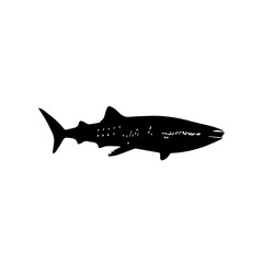A black silhouette of a whale shark with white spots, depicted in a minimalist style on a plain white background.
