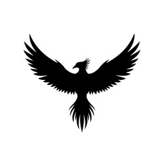 Black silhouette of a majestic phoenix bird with wings spread wide on a white background.