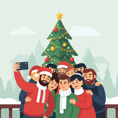 Fototapeta premium A cheerful group of friends and family taking a festive Christmas selfie outdoors with a decorated tree.