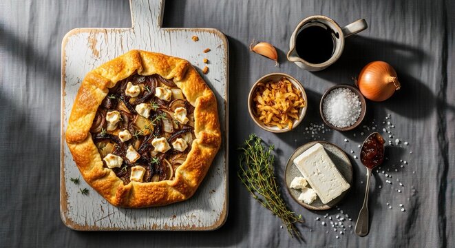 Overhead shot of onion galette with goat cheese and ingredients on table - Powered by Adobe