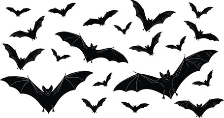 Flying bat silhouettes, Halloween vector design, spooky animal shapes, black winged creatures, nocturnal wildlife illustration, eerie motion graphic elements