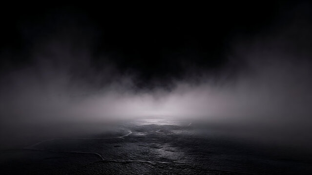 3D rendered abstract Dark futuristic empty background with blue neon spotlight illuminating wet asphalt floor and swirling smoke on black