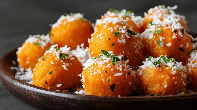 Bright Orange Sweet Potato Balls Sprinkled with Coconut Flakes and Fresh Parsley on a Dark Brown Wooden Plate Placed on a Dark Gray Background