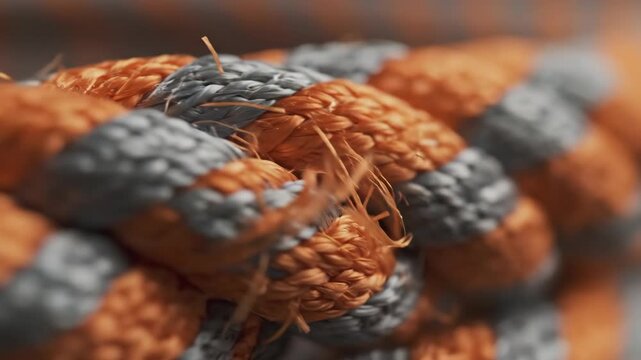 Extreme closeup of woven orange and gray braided rope fibers