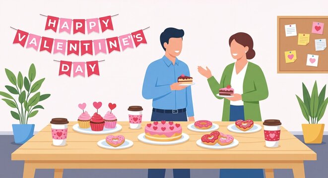 Vector illustration: Male and female colleagues celebrating Valentine's Day at the office, sharing cakes and coffee. Concept of good company culture and employee appreciation