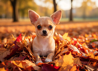 Dog in leaves. Chihuahua dog resting among colorful autumn leaves in park  