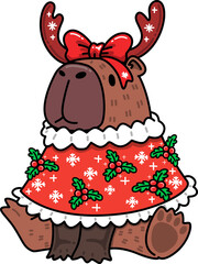 Capybara Wearing Christmas Outfit with Holly and Snowflake Cartoon
