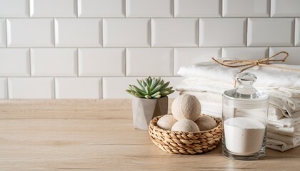 Fresh laundry essentials neatly organized on a wooden counter with white tiles, concept for home organization, sustainable living and self-care products.