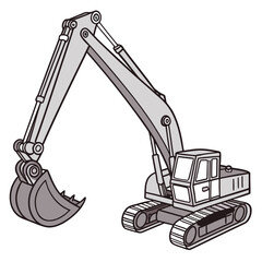 Illustration of a heavy duty excavator with a large bucket and tracks on a white background