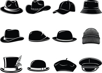 Hat silhouette collection, fashion headwear, fedora, cowboy hat, baseball cap, bucket hat, cloche, bowler, beanie, top hat, beret, military cap